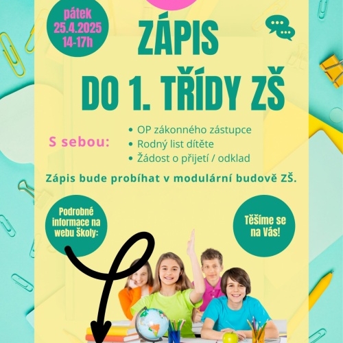 Zápis do 1. třídy základní školy ve školním roce 2025/2026.
